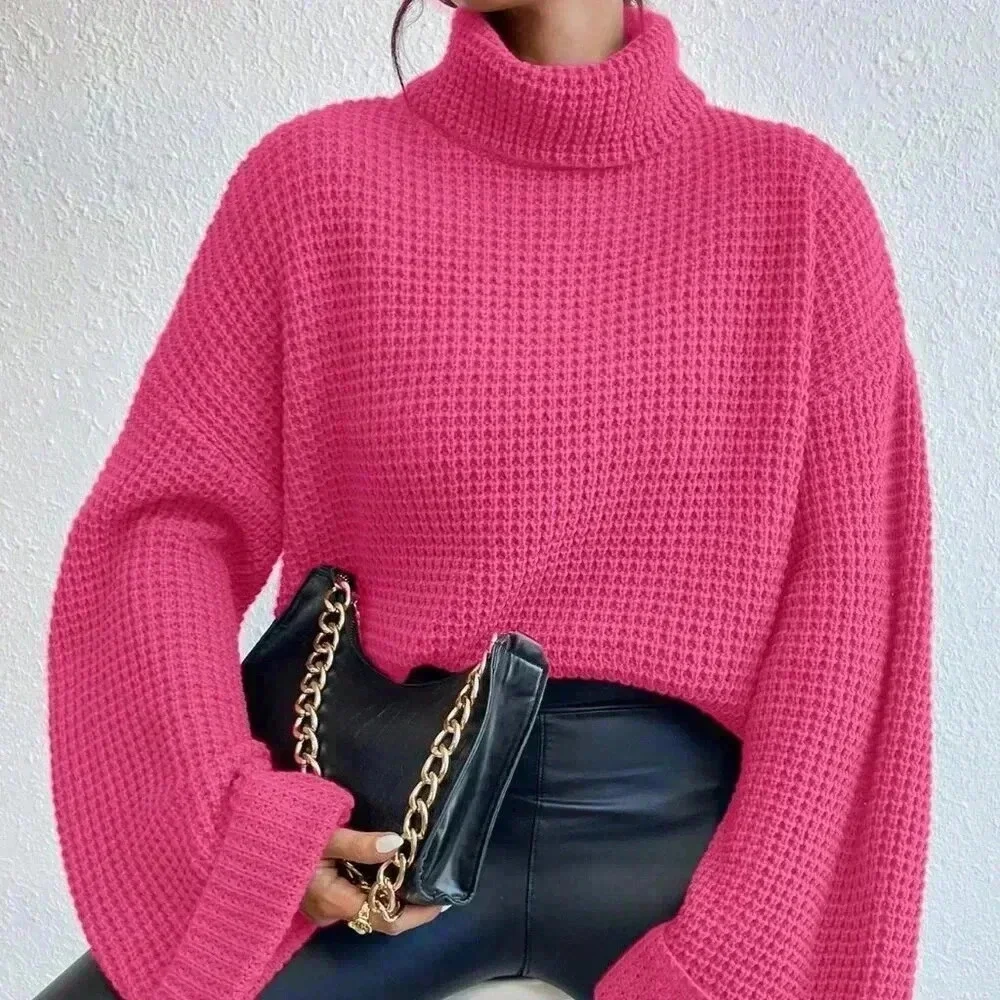 Hot Pink Casual Women's Loose Fit Turtleneck Drop Shoulder Sweater